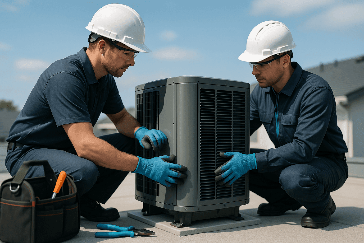 Two OSHA-compliant HVAC workers installing unit on clean residential rooftop